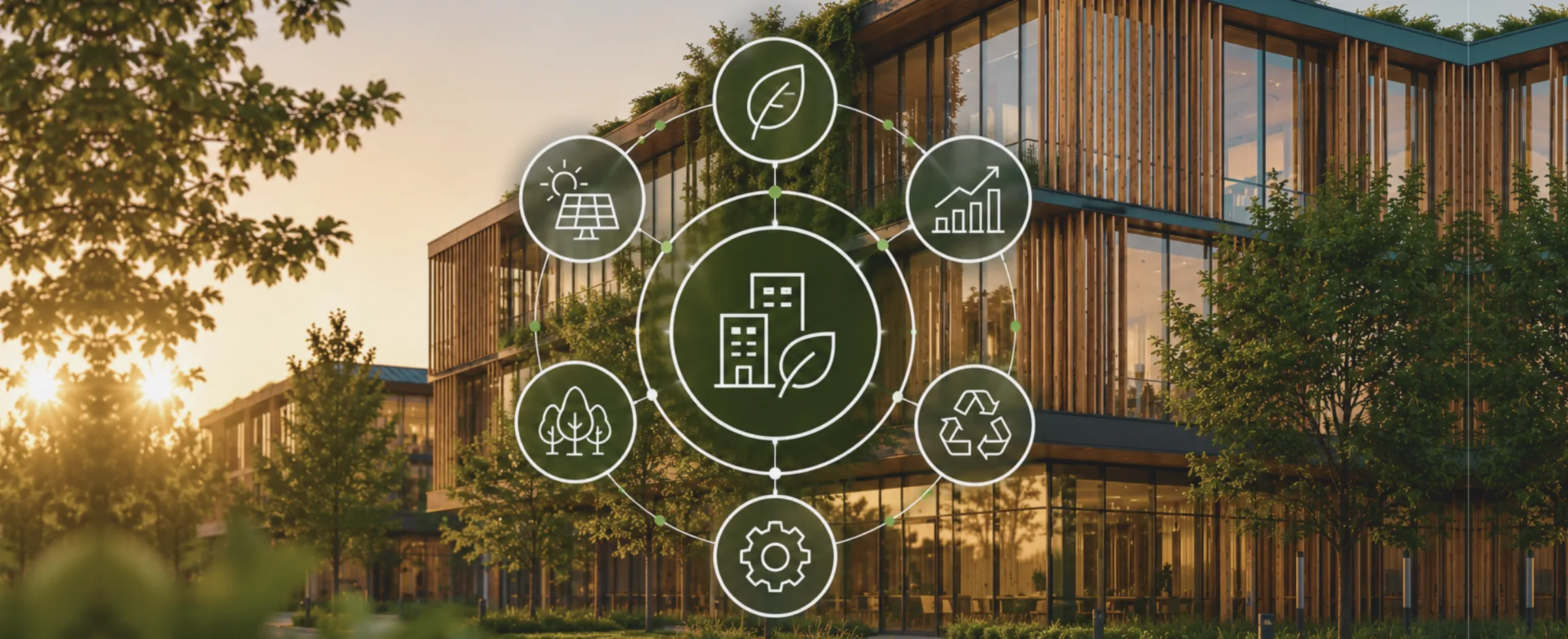 Bürogebäude in Holzbauweise mit begrünter Fassade, überlagert von Symbolen für Photovoltaik, Begrünung, Recycling und Energiekennzahlen